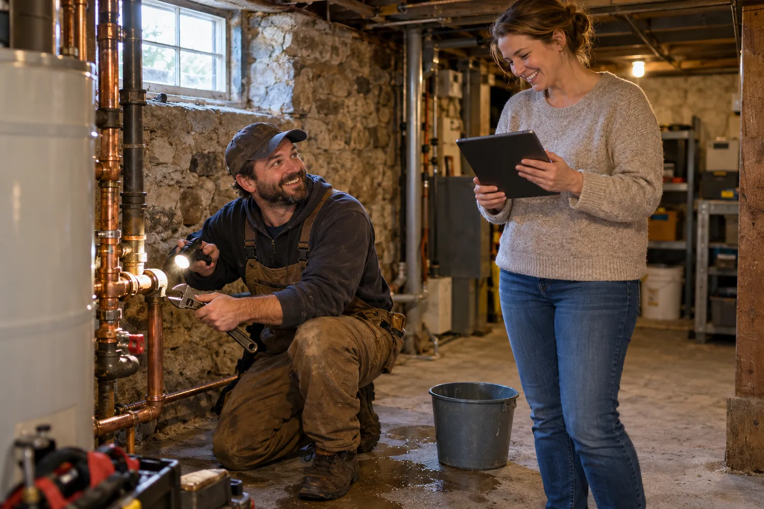 A friendly local plumber kneeling beside a basement pipe, talking with a homeowner in the Taunton area
