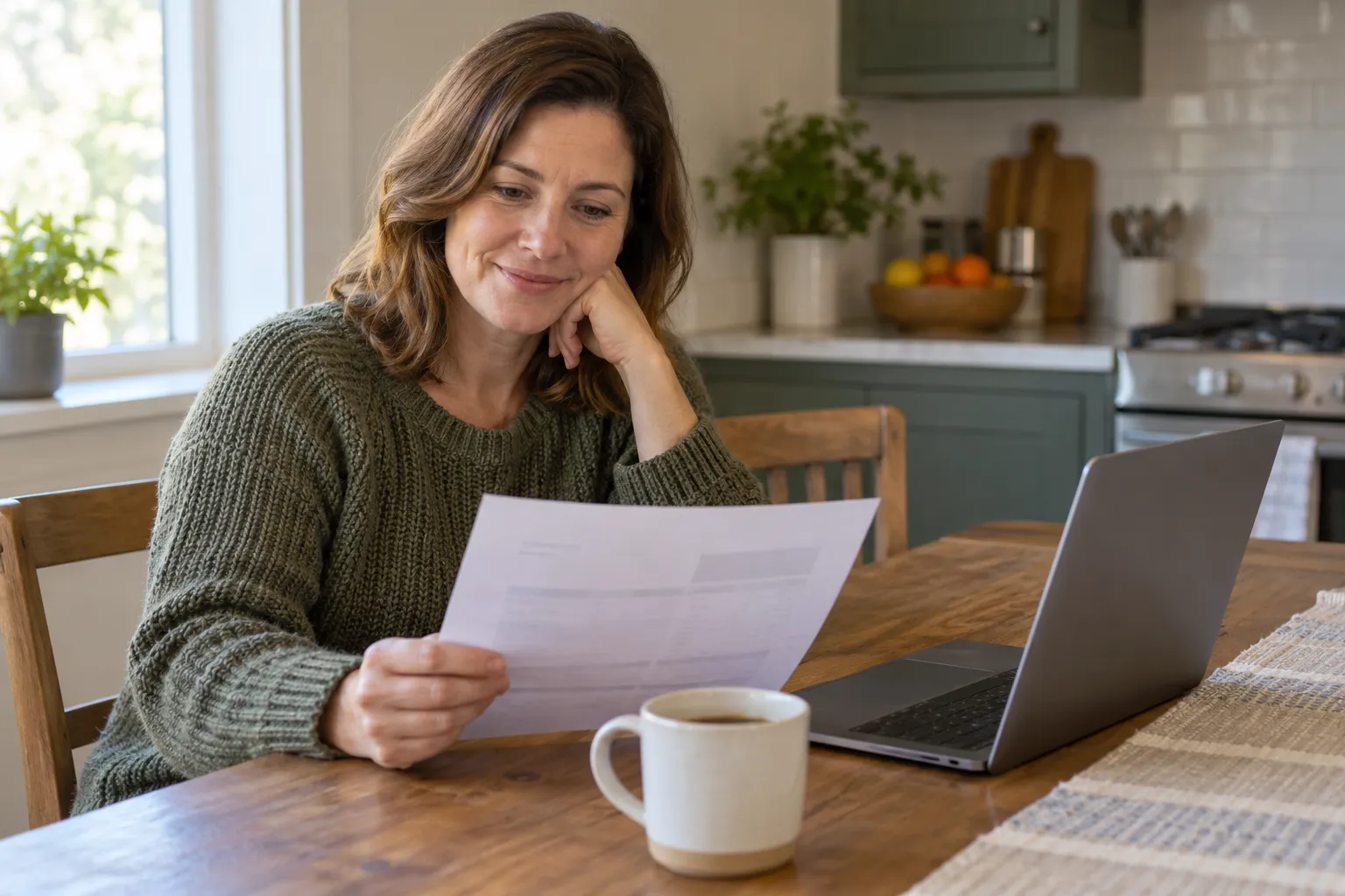 A homeowner reviewing a written plumbing quote at the kitchen table
