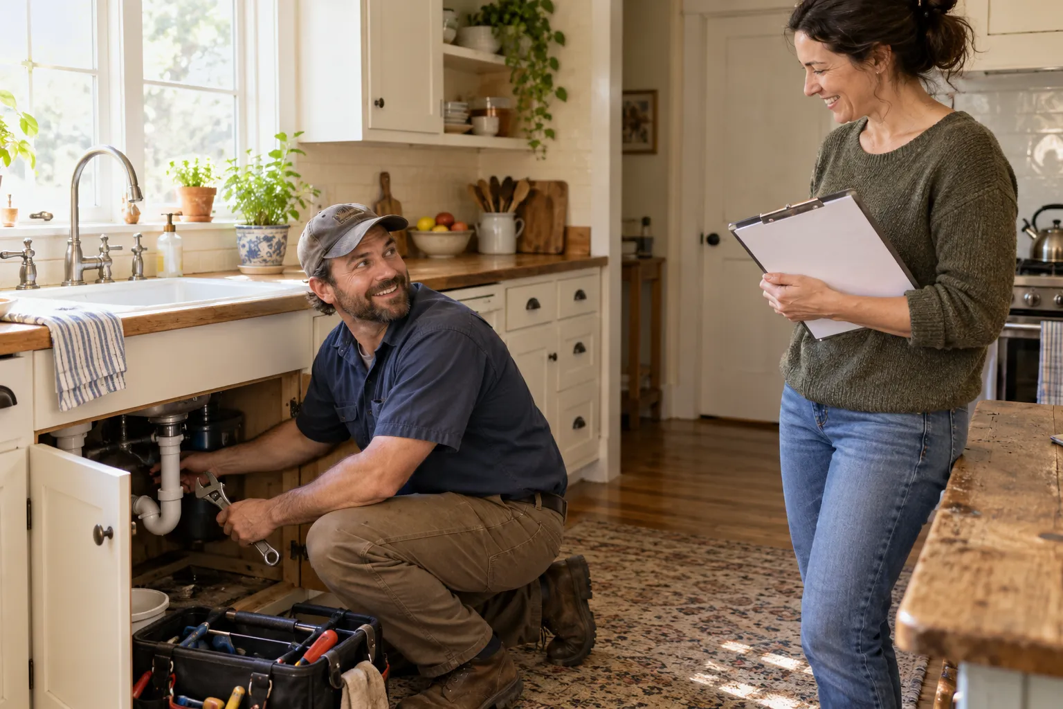 A friendly local plumbing provider kneeling beside a kitchen sink with a homeowner in Taunton